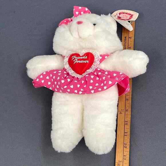 VTG Valentine Teddy Bear Plush Stuffed Animal White Pink Hearts Skirt 12" New - Picture 11 of 12